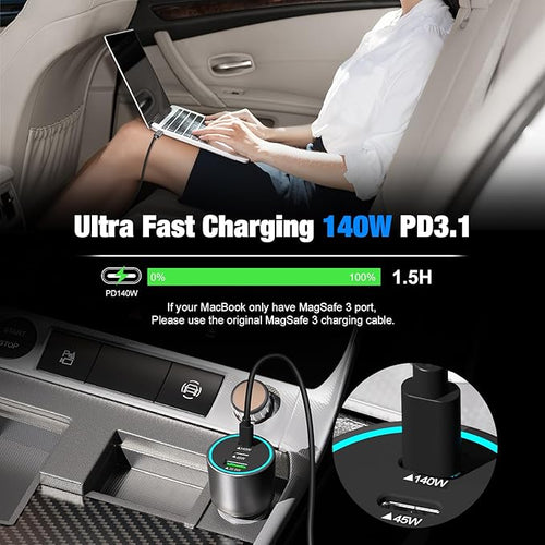 140W USB C Car Charger, Super Fast Charging for iPhone 17 Pro Max/16/MacBook Pro/Air/Samsung S25, Drone, Laptop, Starlink Mini, PD3.1&PPS 45W Type C Cigarette Lighter Adapter with a 100W E-Mark Cord