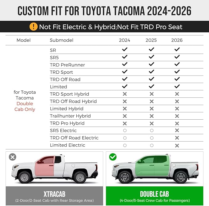 Super Cover® for Toyota Tacoma Seat Covers (Double Cab Only): 2024 2025 2026 (Gas Only) Full Leather Coverage for Tacoma 4th Pickup Truck Accessories, Full Set Waterproof Seat Protector, Black