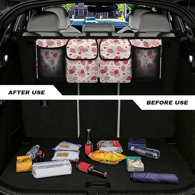 Dreaweet Strawberry Print Car Trunk Organizer for Sedan Collapsible Car Organizers and Storage with 4 Pockets Hanging Back Seat Organizer Cute Car Storage Accessories Interior for Women