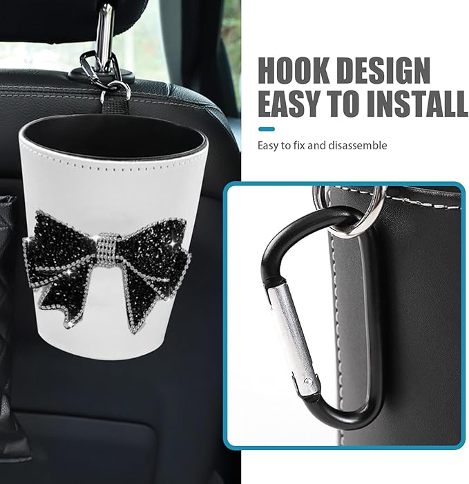 Trash Can for Car Garbage, Hanging with Black Large Diamond Bow Garbage, Waterproof Lined Car Utility Decoration, Suitable for Sedans, SUVs, MPVs & Trucks