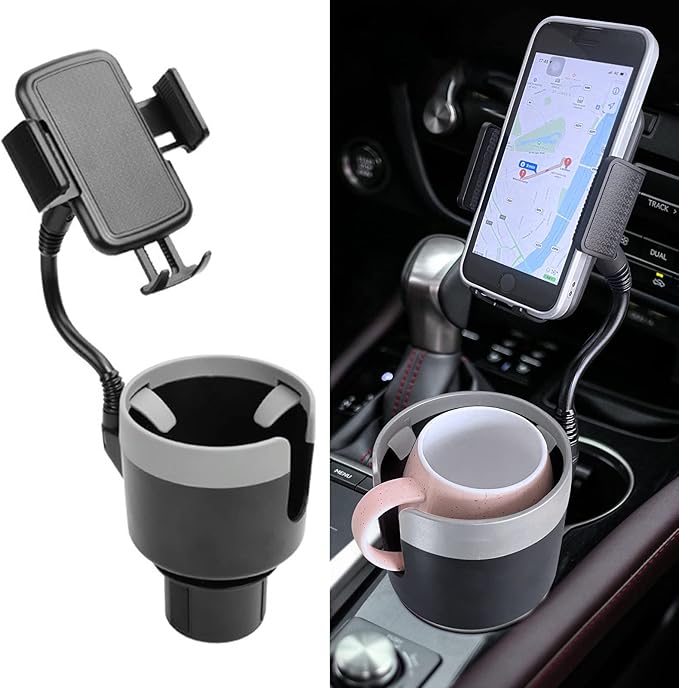 JINKEY Car Cup Holder Expander with Phone Mount,360°Rotation Gooseneck Phone Holder with Adjustable Base Cup Holder for Car Compatible with iPhone & All Smartphones