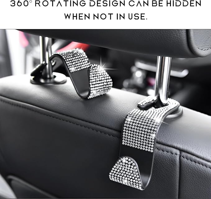 4 PCS Car Seat Headrest Hooks, Bling Rhinestone Purse Hook Vehicle Back Seat Hanger, Sparkling Crystal Headrest Hangers Storage Organizer for Grocery Bag Handbag Coats (Purple)