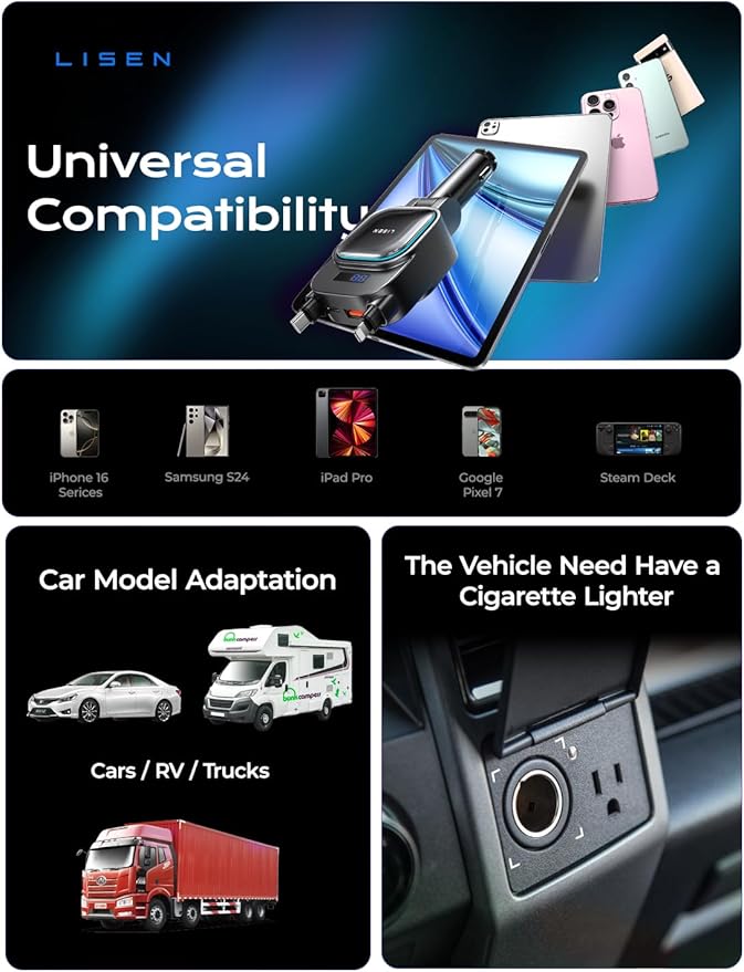LISEN for iPhone 17 Pro Max Retractable Car Charger[USB C Cable & L Cable], 96W 4 in 1 Fast Charging Retractable Car Charger Cigarette Adapter for iPhone 16 15 14 13 12,Samsung Galaxy S25 S24, Android