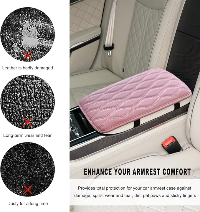 Car Center Console Pad, Waterproof Leather Armrest Seat Box Cover Protector, Non-Slip Middle Console Cushion Pad Interior Decor Fits Most Vehicles, Car Accessories (Pink)