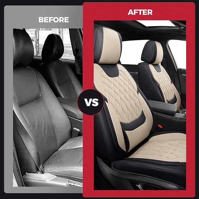 FREESOO Front Car Seat Covers - Luxury Breathable Waterproof Faux Leather Car Seat Cushion Protectors with Lumbar Support, Universal Fit for Most 5 Seats Vehicles Sedans Hatchbacks Trucks, Black Beige