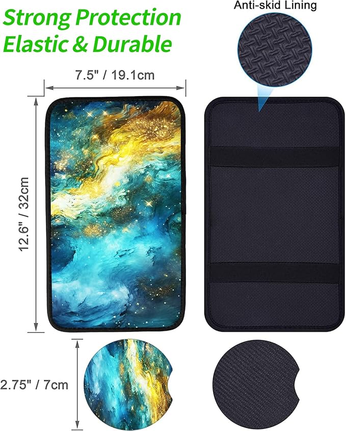 JANENFNA Car Armrest Cover Pads Universal Fashion Cute Auto Center Console Armrest Cover Pad with 2PCS Car Coasters Soft Waterproof Car Armrest Seat Protector for Women,Blue Starry