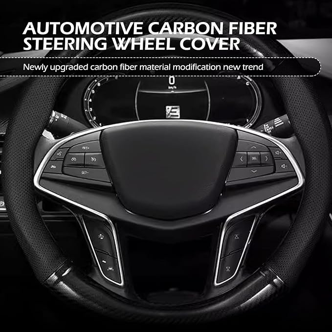 Car Carbon Fiber Steering Wheel Cover, Round Anti-slip Breathable Steering Wheel Protector, Four-season Interior Accessory, Universal for Most Cars (Black #Round)
