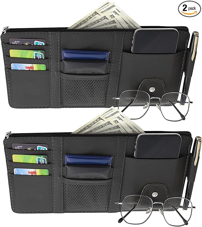 Aturmon 2 Packs Car Sun Visor Multi-Pocket Organizer for SUV & Truck, Auto Visor Storage Pouch with Big Zipper Pocket, Card Sleeve, Driving License, Insurance, Sunglasses, Pen, Key, Lipstick