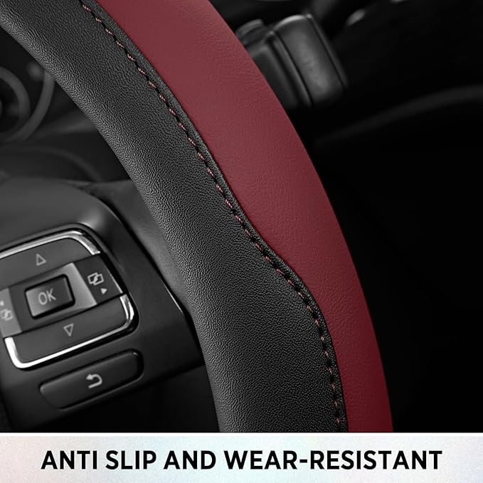 Road Comforts Steering Wheel Cover, Breathable Anti-Slip Leather Steering Wheel Cover, Universal Fit 14.5–15 Inch, Comfortable Grip - Redwine Color