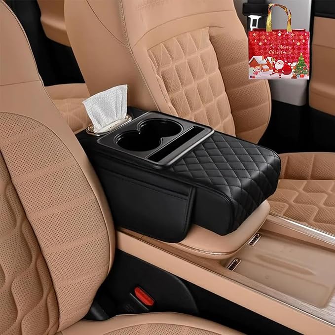 Multifunctional PU Leather Car Armrest Box Mat with Central Elbow, 2026 New Car Armrest Storage Box with Cup Holder, Tissue Box Slot, Phone Slot, Universal Fit (Gray)