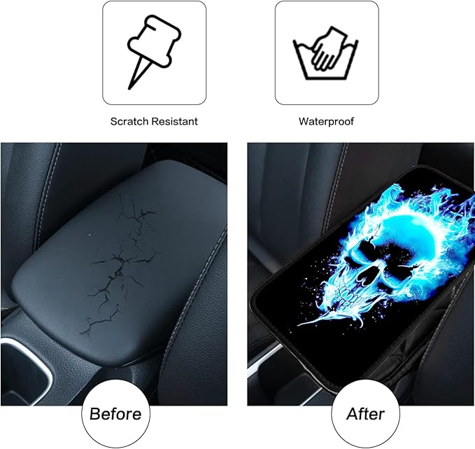 JANENFNA Car Armrest Cover Pads Universal Fashion Cute Auto Center Console Armrest Cover Pad with 2PCS Car Coasters Soft Waterproof Car Armrest Seat Protector for Women,Blue Flame Skull