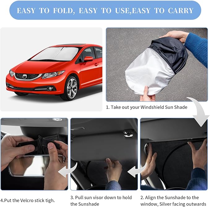 ZOIBV for Honda Civic 2012-2015 Sun Shade Sunshade Windshield Cover, 4-Layer Front Window Shade Custom Fit Civic Sun Visor 240T Retractable Shade Blocks UV Rays Cooler Car Accessories