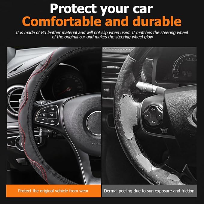 Elastic Stretch Car Steering Wheel Cover, Leather Soft Vehicle Steer Wheel Protector, 14.5-15 Inch Anti-Slip Automotive Protective Guard Accessories, Universal for SUV, Sedan, Truck (Black/Red)