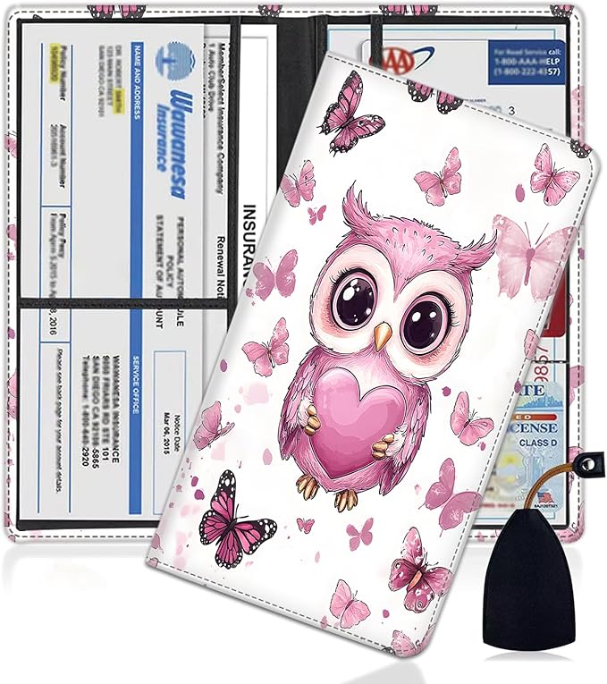 Car Document Holder with Magnetic Shut, Car Registration and Insurance Card Holder, Vehicle Glove Box Organizer Documents, Driver License, Auto Paperwork Organizer Wallet, Pink Heart-Shaped Owl