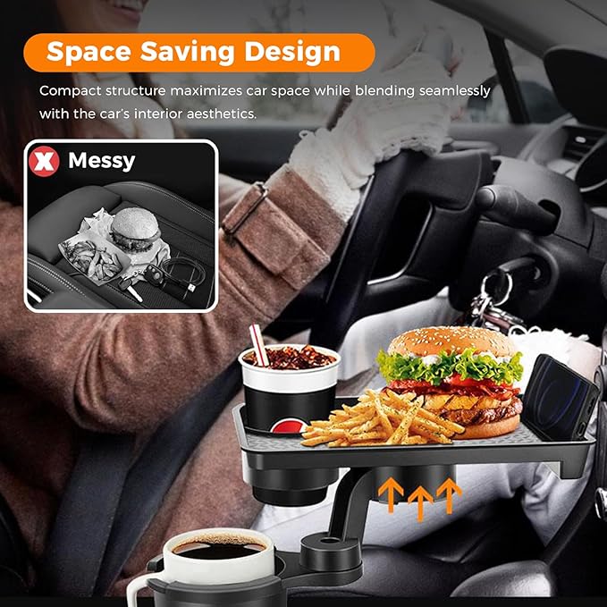 3-in-1 Car Cup Holder Tray, 10.24" Car Trays Organizer with Double Cupholders & Phone Holder for Eating, Travel