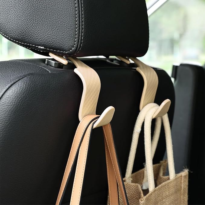 Hanemia 4PCS Car Seat Headrest Hooks, Auto Back Seat Hanger Holder, Durable Stylish Vehicle Organizer Universal Car Interior Accessories, Storage Hooks for Purses, Bags, Clothes (Carbon Fiber/Beige)