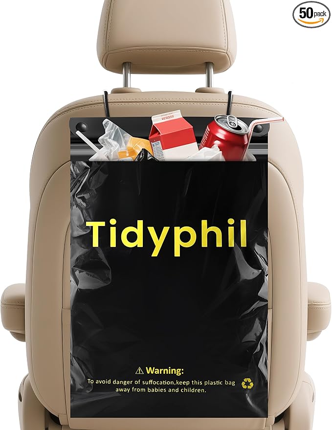 50 PCS Disposable Car Trash Bags Hanging, Leak-proof, Odor Seal. 2 Gallon Car Garbage Bags, Big Capacity. Independent of Car Trash Can, Easy Stick-On Car trash Bin for Car, SUV, Truck, Stroller.