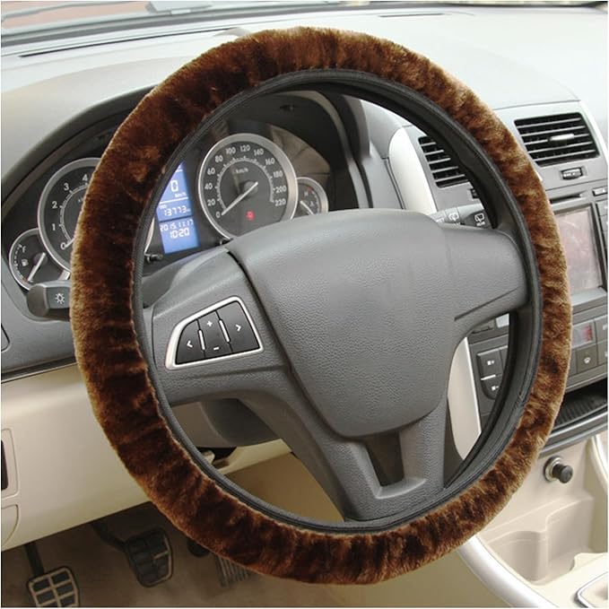 Ziciner Elastic Fuzzy Steering Wheel Cover, 15'' Soft Steering Wheel Protector for Warm Winter, Anti-Slip Fluffy Car Wheel Covers, Universal Car Interior Decor Accessories for Women Men (Coffee)