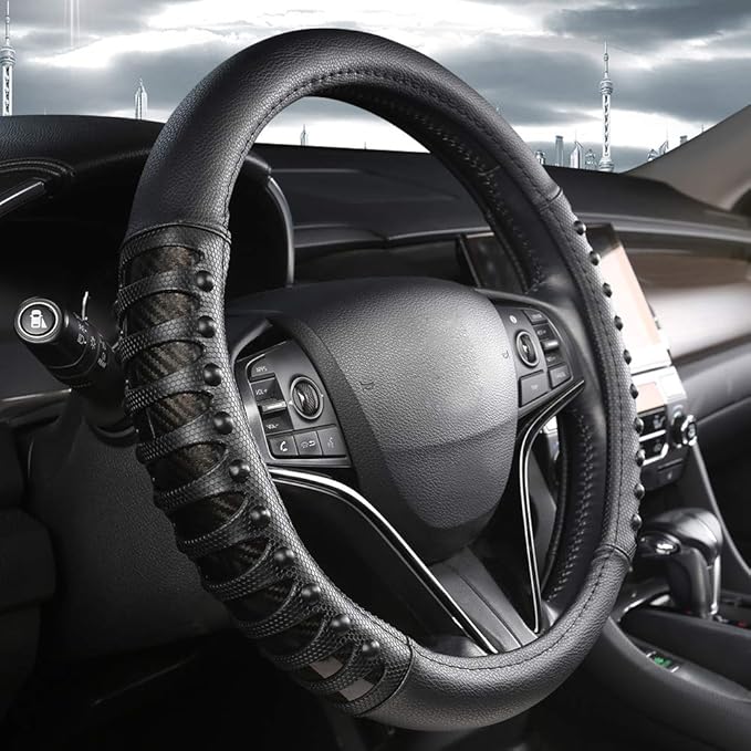 West Llama Microfiber Leather Car Steering Wheel Cover for Men Women,Universal Fit 14.5-15 inch(Leather Nails-Black-Standard Size)