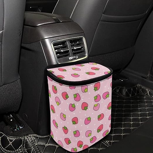 Pink Strawberry Car Trash Can with Lid - Collapsible Waterproof Garage Bag, Reusable Hanging Cute Automotive Garbage Bin, Adjustable Strap, Interior Organizer