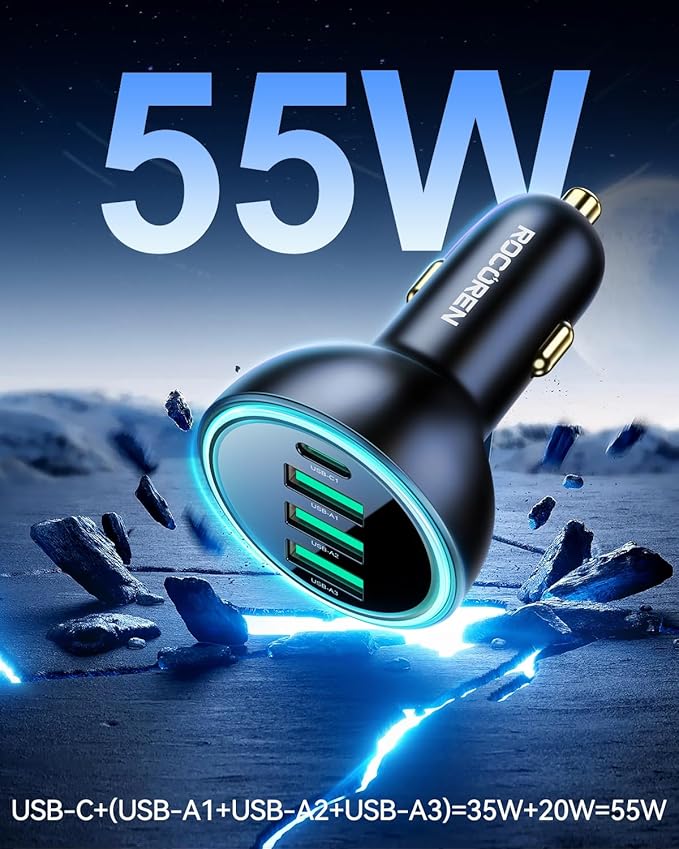 Rocoren 55W 4-Port Car Charger, PD3.0 QC3.0 Super Fast Charging USB C Car Charger for Multiple Devices, Cigarette Lighter Adapter for iPhone 17/16/15/14 Series, iPad Pro, Samsung S25/S24 Ultra, Pixel