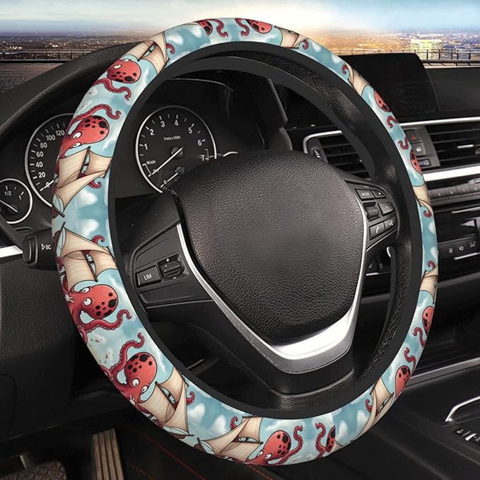 Rabbits-Pirate-Octopus Car Steering Wheel Cover, 15 Inch Steering Wheel Cover Stylish Decor for Most Cars