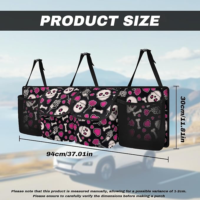 CLOHOMIN Skull Auto Truck Organizer Pink Heart Car Rear Seat Back Storage Bag for Women Collapsible Hanging Pocket Organizer with 4 Pockets Car Interior Accessories