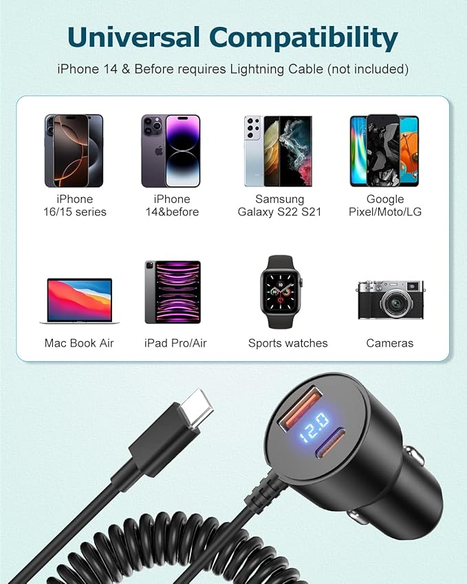66W Car Charger for iPhone 17/16 Pro Max,PD & QC3.0 Super Fast Car Adapter with 5FT USB C Coiled Cable for iPhone 17/16/15 Pro Max,iPhone 17 Air,iPad Pro,Samsung Galaxy S25/S24/S23,Pixel 10,Android