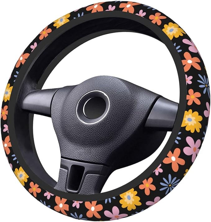 Vintage Daisy Neoprene Steering Wheel Cover Anti-Slip Elastic Flower Floral Steering Wheel Protective Cover 15in Universal Car Accessories Fit Cars, SUVs, Auto