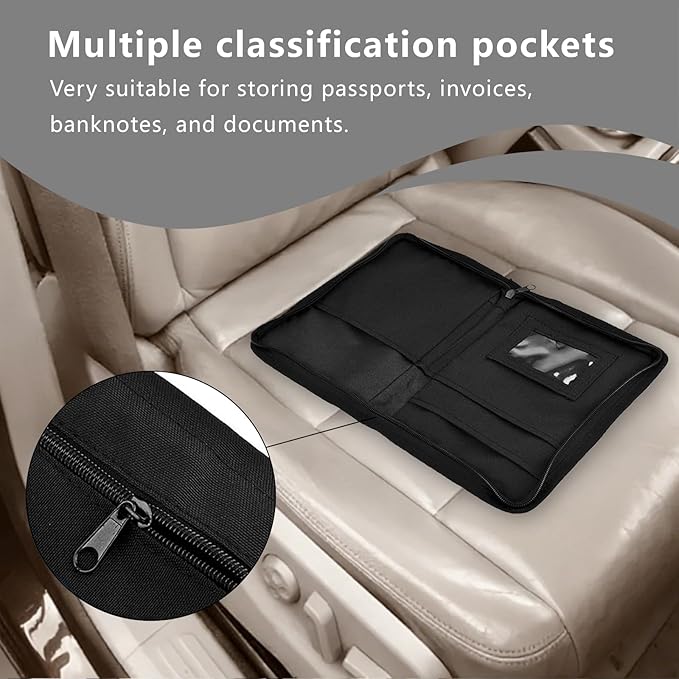 Car Glove Box Organizer, Registration Insurance Document Holder and Owners Manual Pouch with Flexible Secure Zippered Case Greeting Card for Vehicle Truck (Black)