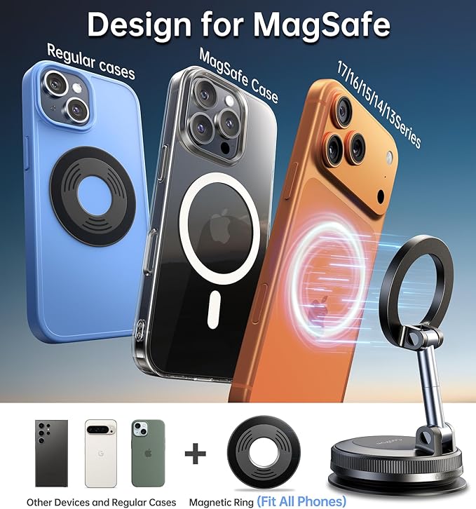 Coolpow【Newest Vacuum Magnetic Phone Holder for Car Phone Holder Mount【Movable Vacuum Suction】 Magsafe Car Mount Cell Phone Holders for Your Car Accessories Interior for Women Men for iPhone 17 16 15