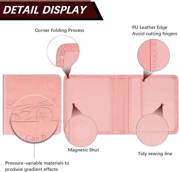 Registration and Insurance Card Holder, Vehicle Glove Box Car Organizer with Magnetic Closure, Interior Car Accessories for Documents, Cards, License Storage, 1-Pack Pink