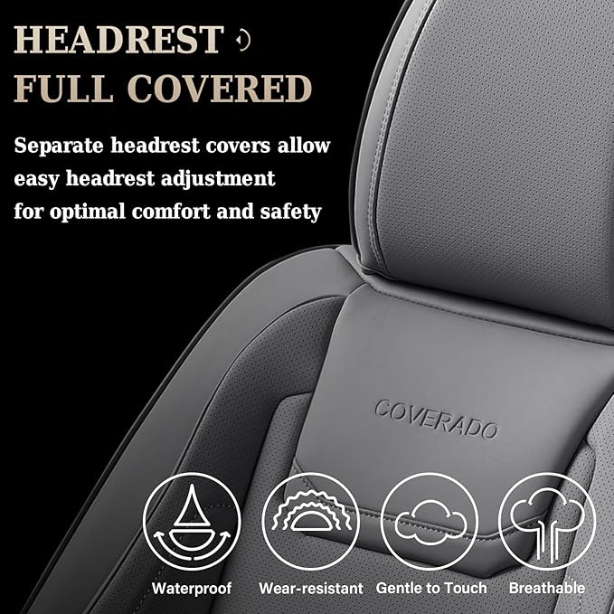 Coverado Car Seat Covers Full Set, Seat Covers for Cars, Car Seat Cover, Car Seat Protector Waterproof, Leather Car Seat Cushion, Universal Car Interior Covers Seat Protectors for Most Cars Gray
