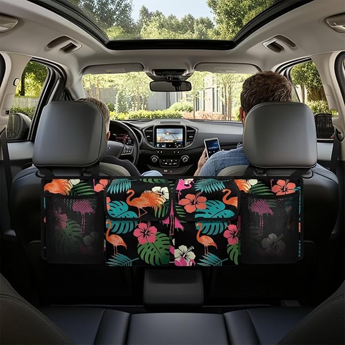 Car Trunk Organizer, Flamingo Tropical Floral Backseat Hanging Organizer with Pockets, Super Capacity -Trunk Storage Bag Decoration for SUV,Truck,Van