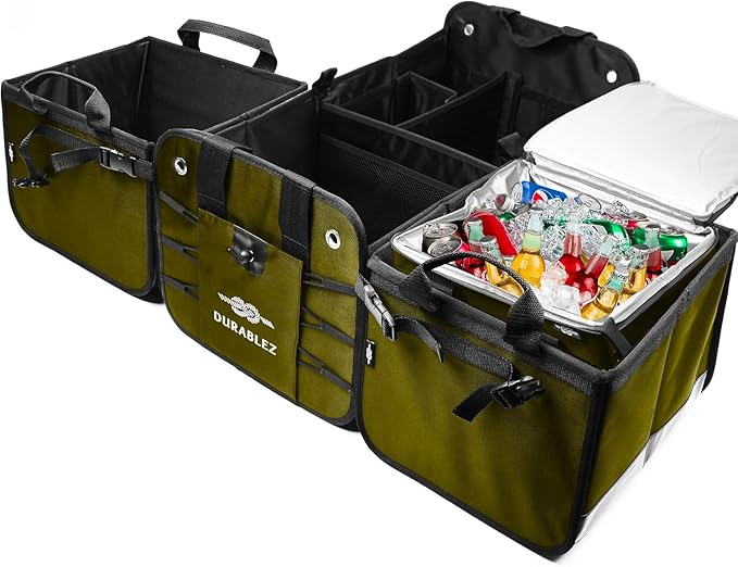 DURABLEZ 5-Section Extra Large Trunk Organizer – Heavy Duty 1680D Oxford, Collapsible & Foldable Car Cargo Organizer, Modular Multi-Shape Storage System for SUV, Truck, Van – Military Green