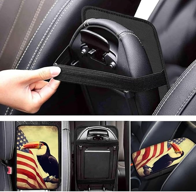 Car Center Console Pad, Universal Waterproof Car Armrest Seat Box Cover, Car Interior Accessories for Most Vehicle SUV Truck Vintage American Flag Toucan Car Armrest Pad