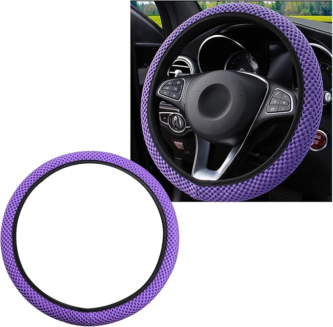 Elastic Steering Wheel Cover, 15"×15" Comfy Breathable Stretch Steering Wheel Protector, Ice-Silk Cloth Polyester Steering Wheel Cover for Men Women, Car Accessories (Purple)