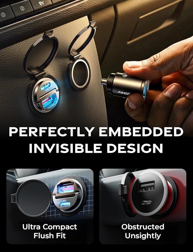 AINOPE 90W for iPhone 17 Pro Max 16 15 Super Fast Car Charger USB C, [Mini&Metal] Invisible Cigarette Lighter Adapter, Type C Charger Fast Charging for Samsung Galaxy S25 S24, Black