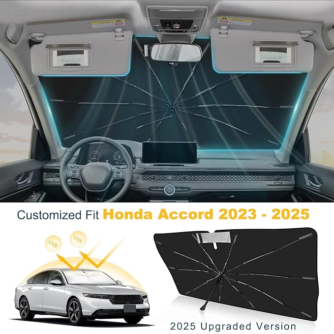 2025 Upgrade Windshield Sun Shade Umbrella Custom Fit for Honda Accord 2023 2024 2025 Foldable UV Protection Car Cover, Emergency Rain Shield & Dashboard Protector - Durable Auto Accessory