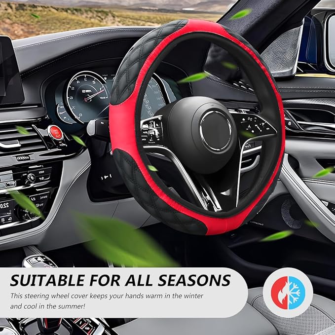 Car Steering Wheel Cover, 15 Inches Leather Steering Wheel Protector with Non-Slip Grip, Universal Wheel Covers Interior Decoration for Sedens Trucks SUVs, Car Accessories (Black & Red)