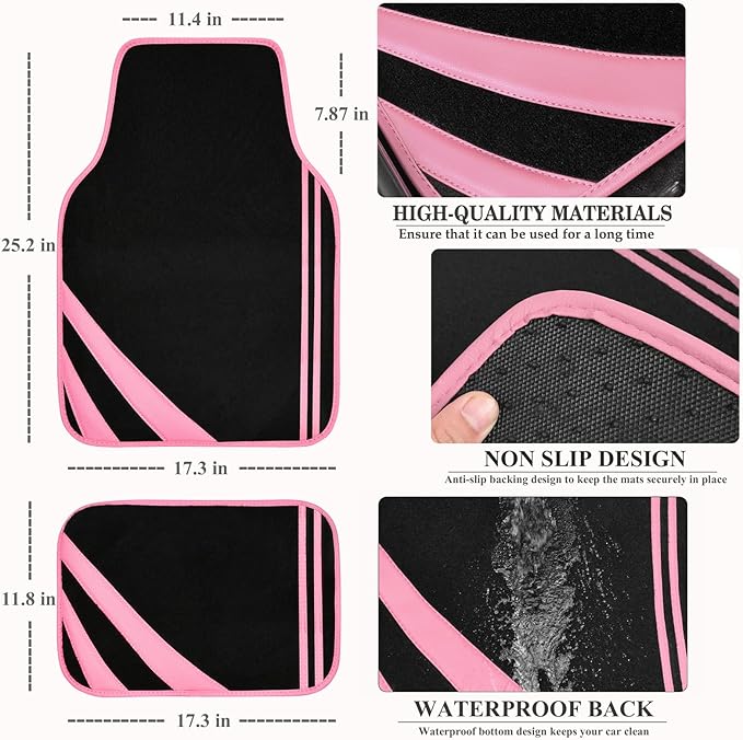 CAR PASS Pink Edge Faux Leather Car Floor Mats Universal Car Carpet Mats with Double Stitch Line Anti-Slip Backing Design, for Cute Girly Women, Fit 95% Automotive,SUVs,Sedan,Vans (Black and Pink)