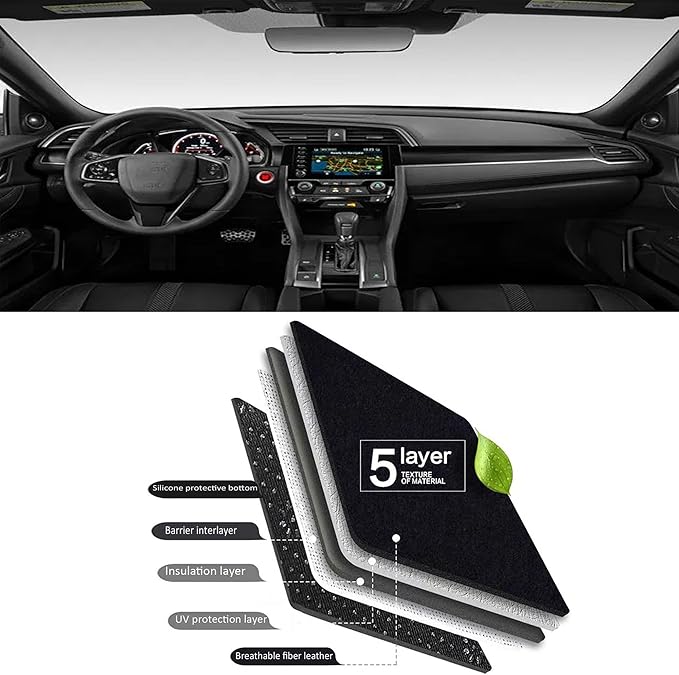 Upgraded Dash Mat for 2016-2021 Honda Civic (Hatchback/Sedan/Coupe) Polyester Dash Board UV Protection Non-Slip Windshield Reflective Dash Cover Interior Accessory Black