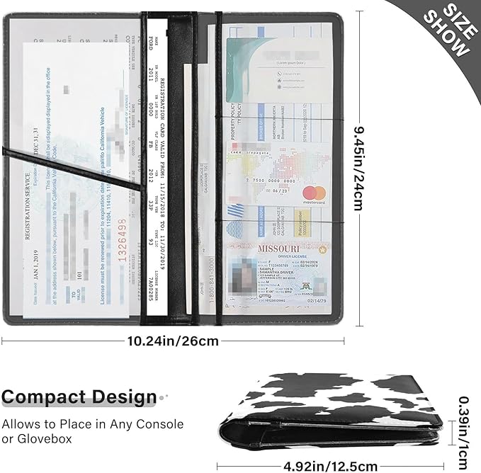 xigua Cow Print Car Registration and Insurance Holder,Leather Registration and Insurance Card Holder Vehicle Glove Box Organizer for Documents, Driver License and Cards 1