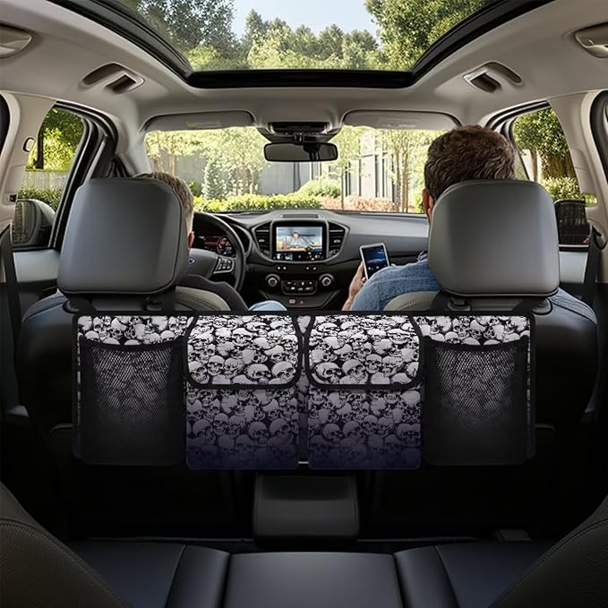 Skull Car Trunk Organizer Oxford Cloth, Machine Washable Car Storage Organizer (37.01"*11.8") Portable Car Storage Bag with 4 Pocekt, Hanging Car Organizer for SUV/MPV/Truck