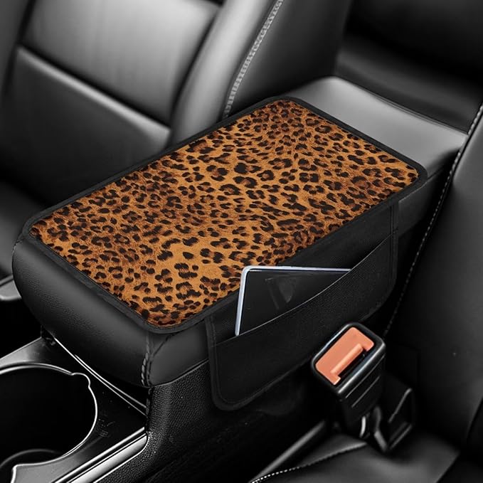 Dreaweet Cheetah Print Car Accessories Center Console Cover,Brown Leopard Print Car Armrest Cover Cushion Pad with Pockets,Universal Arm Rest Cover for Car Truck SUV Van