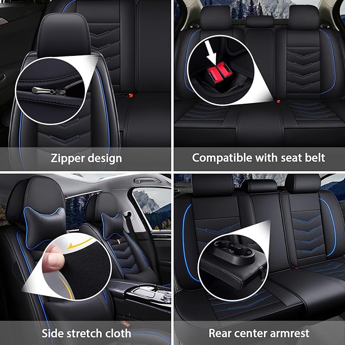 MVRVMV Luxury Car Seat Covers for GMC Acadia 2007-2026, Nappa Leather Auto Seat Cover with 2 Neck Pillows and 2 Lumbar Supports (2 Seat Luxury, Black-Blue)