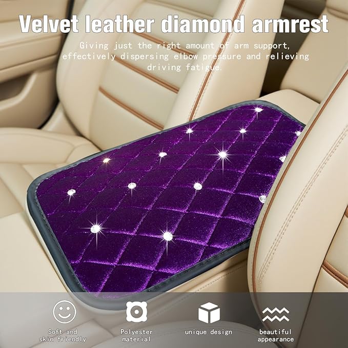 HZEL Bling Car Center Console Cover, Crystal Rhinestone Velvet Soft Vehicle Seat Armrest Box Protector Cushion, Comfortable Diamond Auto Arm Rest Mat Pad, Universal for Truck SUV Sedan (Purple)