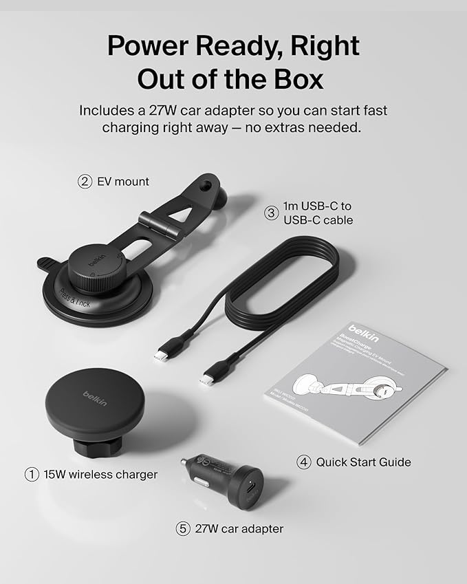 Belkin Wireless Car Charger, Magnetic Wireless Phone Mount for EV w/ 1M USB C Cable, Qi2 MagSafe Compatible Fast Charging for iPhone 17, Galaxy S25, Pixel 10, & More - Travel Accessories - Black