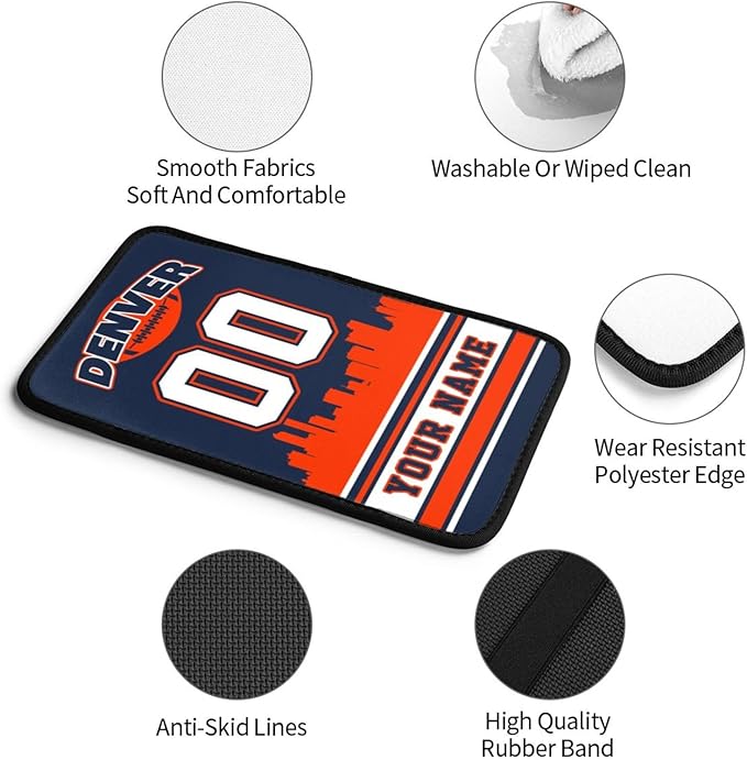 Custom Denver Car Armrest Covers Personalized Football Style with Name Number Customized Auto Center Console Pad Car Handrail Box Cushion for Most Vehicle Decor Accessories, Fans Gift