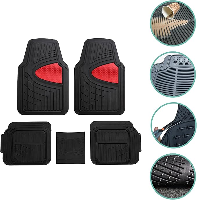 FH Group Car Floor Mats - Heavy-Duty Rubber Floor Mats for Cars, Universal Fit Full Set, Trimmable Automotive Floor Mats, Climaproof Floor Mats for Most Sedan, SUV, Truck Floor Mats Red